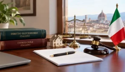 Italian property records and succession documents on a desk beside an old house key